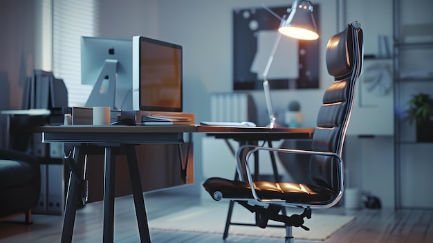 Эргономичное офисное кресло рядом с современным компьютерным столом, подчеркивающее комфорт при длительной работе за компьютером.
