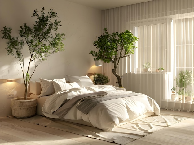 Безмятежная спальня с растениями в горшках, кроватью с белым постельным бельем и естественным светом через оконные жалюзи, способствующим умиротворению.