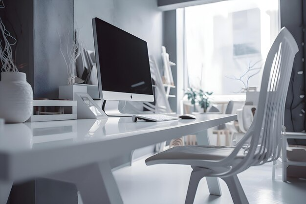 Современный эргономичный стул в минималистичном рабочем пространстве с компьютером, подчеркивающий комфорт в течение долгих часов работы за компьютером.