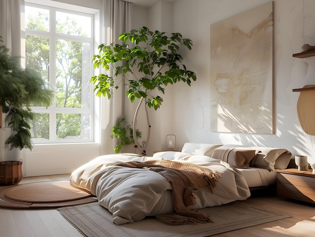 Светлая спальня с естественным освещением, растениями и нейтральным декором для создания расслабляющей атмосферы в соответствии с принципами фэн-шуй.