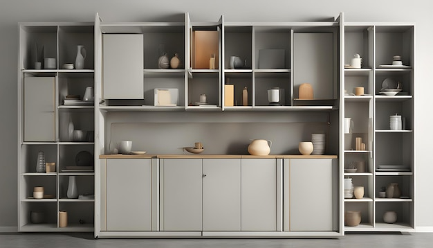 Изображение встроенного шкафа с множеством полок и отделений, в которых выставлены различные предметы декора и посуда.