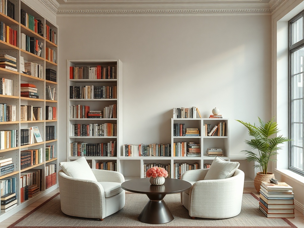 Современный уютный уголок для чтения с книжными полками, креслами и цветком на столе.