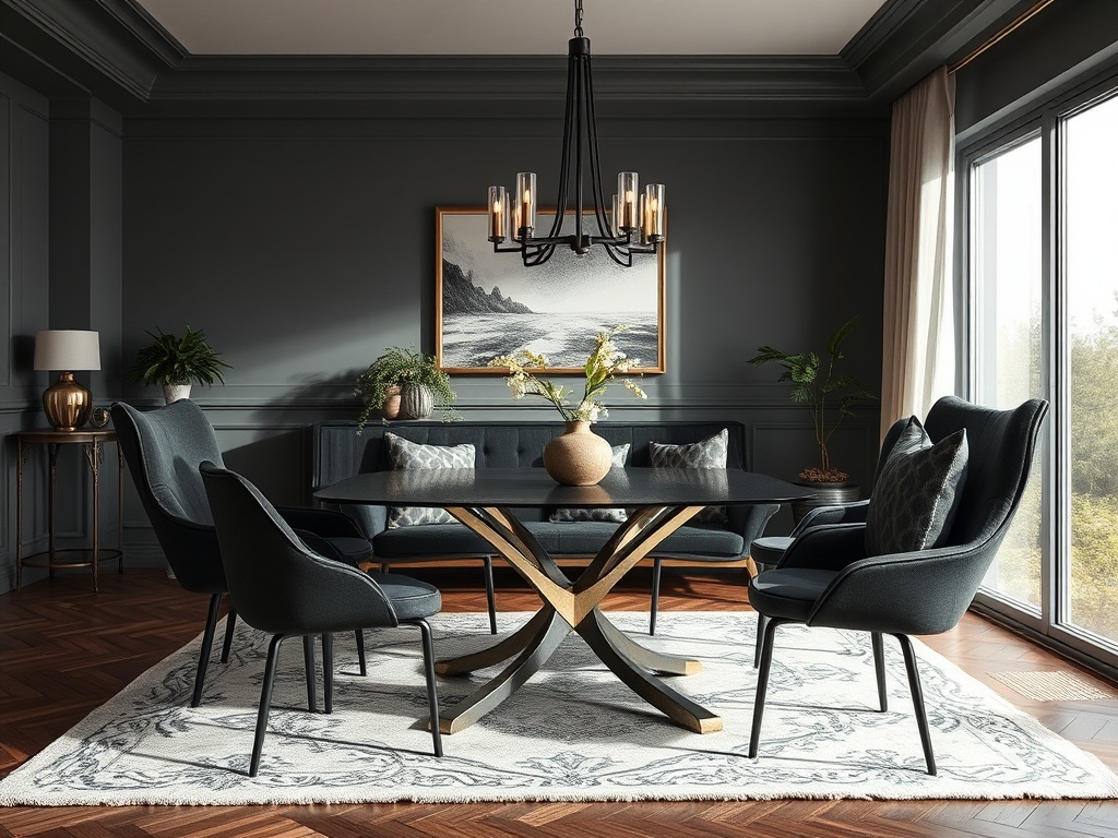 Элегантная столовая с черным столом, мягкими стульями и стильной люстрой. Окна выходят на природу.