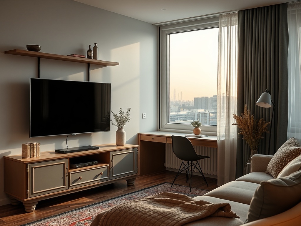 Современная гостиная с телевизором, письменным столом и уютной мебелью. Светлое утро за окном.