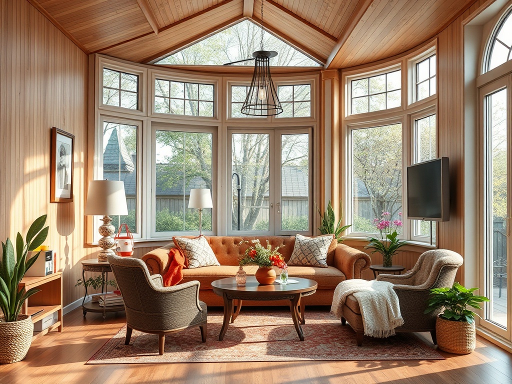 Светлая гостиная с большими окнами, уютной мебелью и зелеными растениями в современном стиле.