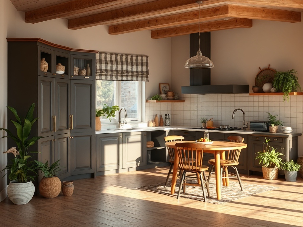 Светлая кухня с деревянными перекрытиями, обеденным столом и зелеными растениями на окнах и столах.